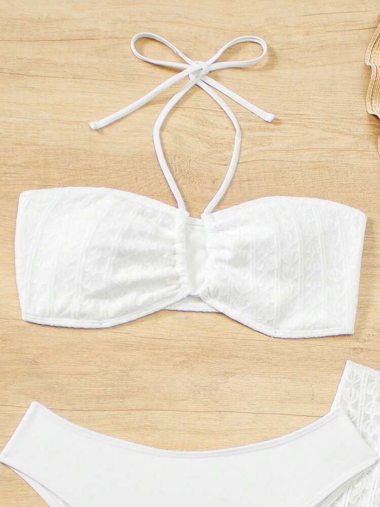 Women Solid Color Simple Cross Strap Bikini Set, 3 Pieces Summer Beach