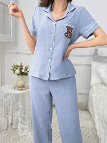 SHEIN Women Bear Embroidered Pocket Contrast Trim Short Sleeve Top & Pants Pajama Set Lounge Set - Baby Blue - View 4