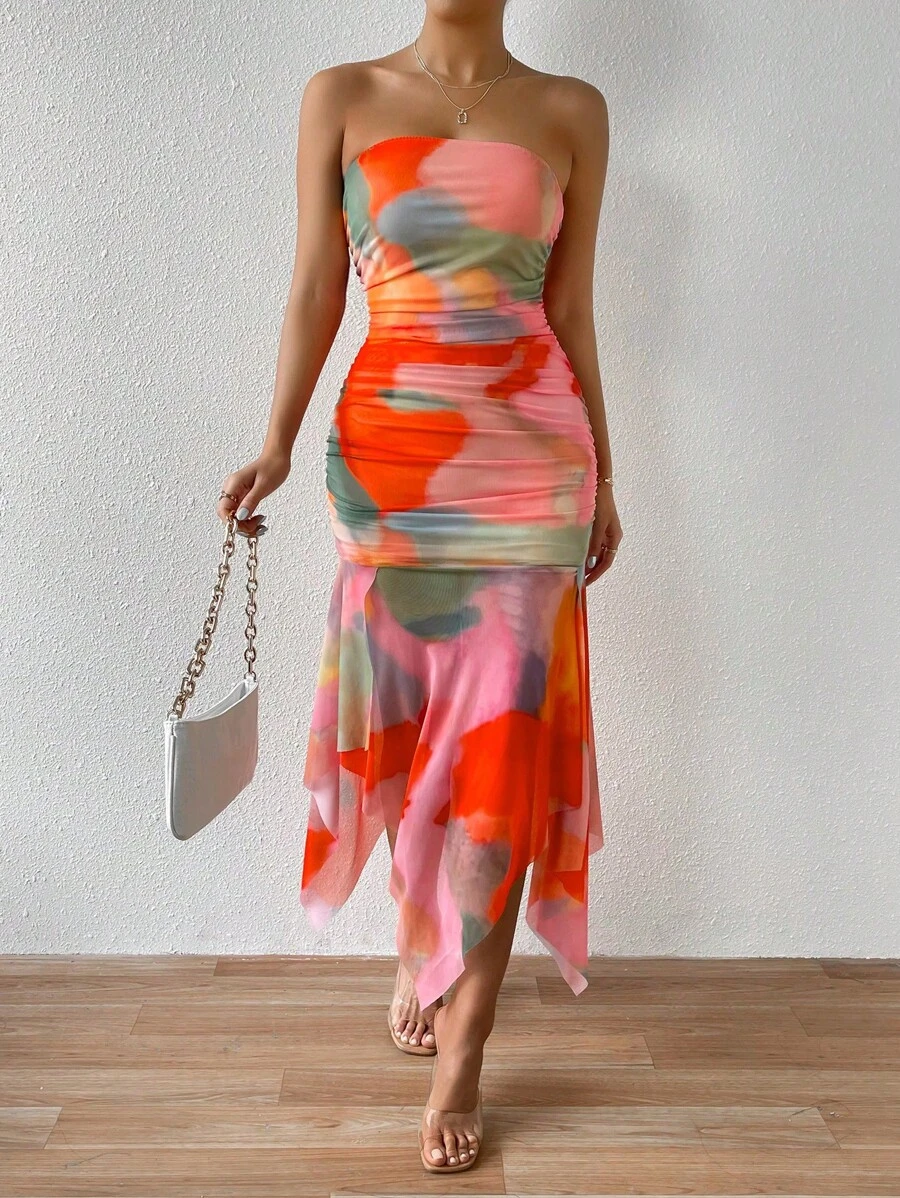 SHEIN Clasi Plus Size Summer Tie-Dyed Mesh Strapless Asymmetrical Hem Dress - Multicolor - View 1
