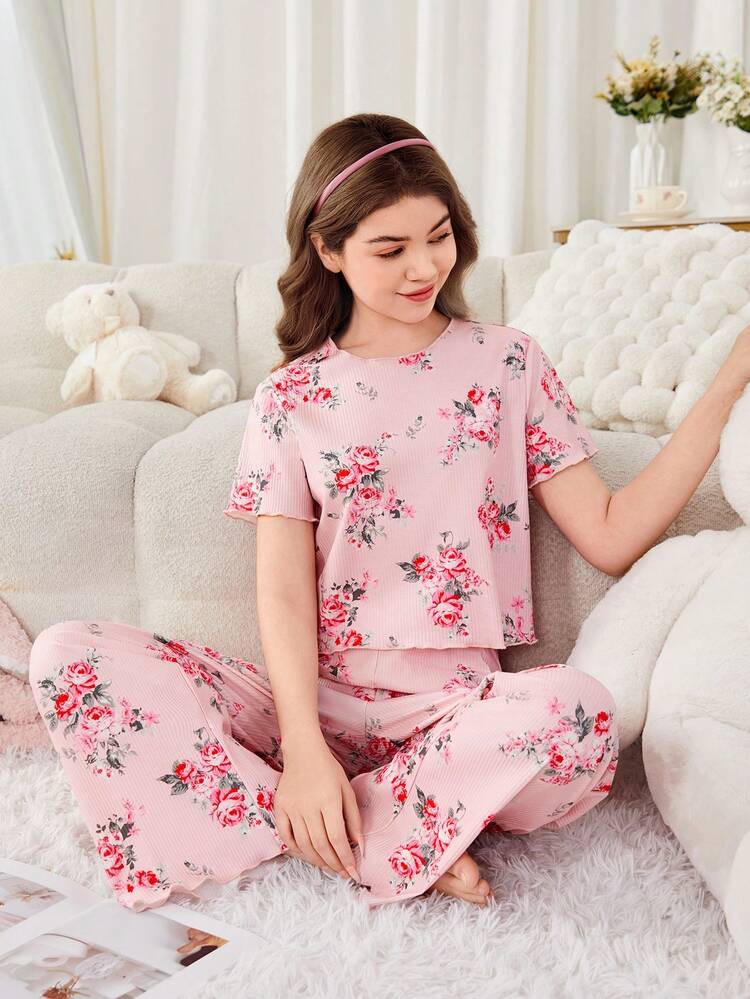 Teen Girl Flower Patterned Short Sleeve Top And Long Pants Set, Casual And Comfortable Pyjamas, 2 Pieces