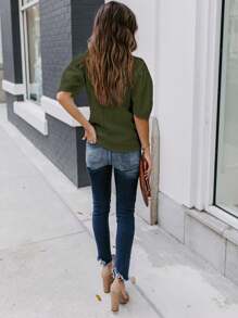 Women's Solid Short Sleeve Blouse Summer Crew Neck Casual Tops Fashion Puffed Sleeve Shirt