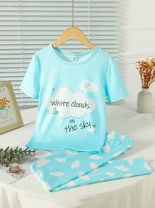 SHEIN Tween Girl Blue Simple Cloud Pattern Print Short Sleeve Top And Pants Casual Two-Piece Homewear Set - Blue - View 1