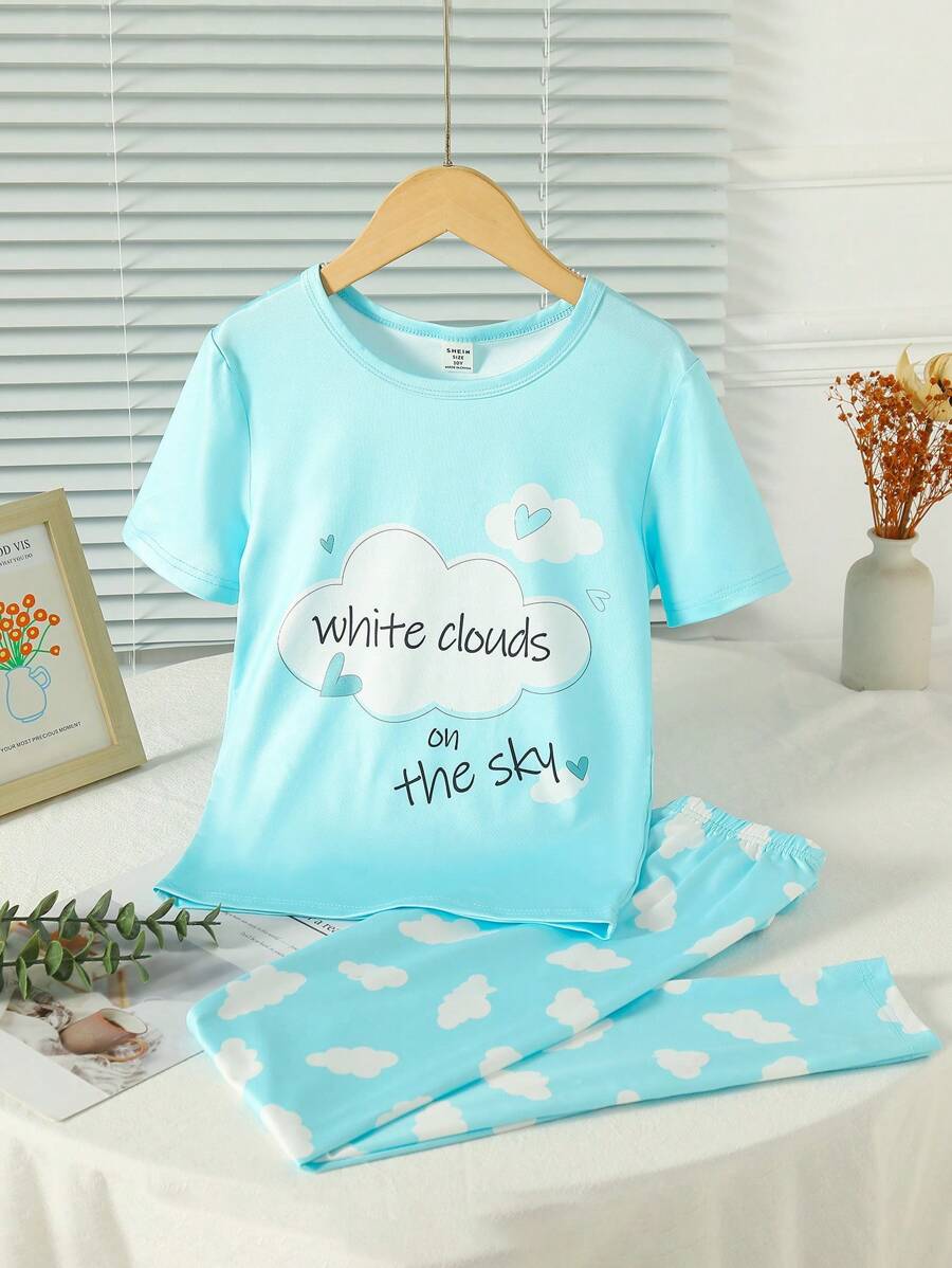 SHEIN Tween Girl Blue Simple Cloud Pattern Print Short Sleeve Top And Pants Casual Two-Piece Homewear Set - Blue - View 1