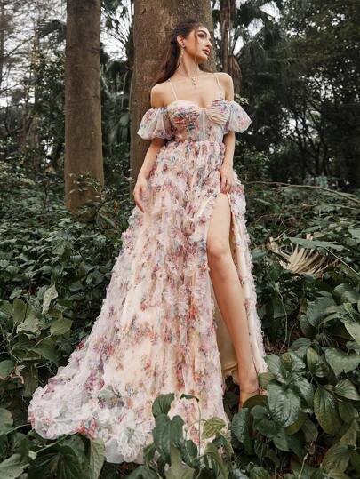 Faeriesty Vestido de noche de lujo con hombros descubiertos, estampado floral, mangas abullonadas y vestido de línea A con abertura alta, para cenas formales y recepciones de boda
