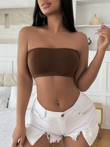 Women's Solid Color Simple Daily Tube Bra Strapless Bra - Coffee Brown - View 3