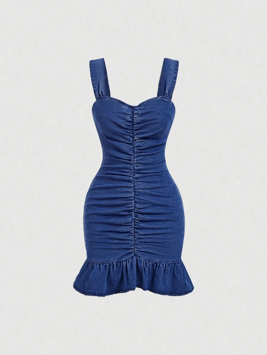 SHEIN MOD 女士夏季修身牛仔連衣裙,帶荷葉邊設計 - 淺色水洗藍 - 查看 1