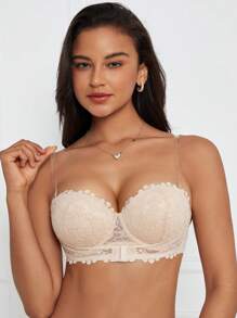 女士纯色蕾丝无肩带文胸（带钢圈）内衣 - 米色 - 查看 5