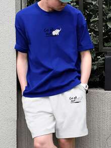 Manfinity Hypemode Bộ đồ thời trang mùa hè cho nam gồm áo phông tay ngắn họa tiết voi và quần short - Xanh đậm - Xem 2