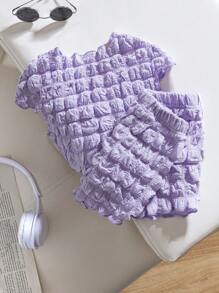 Baby Girl Solid Textured Stretchy Popcorn Top And Shorts Set, Elegant And Cute Fashion