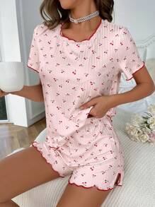 CottageSlumber Cherry Print Lettuce Trim Tee & Shorts PJ Set / Pajama Set Holiday Season, Vacation