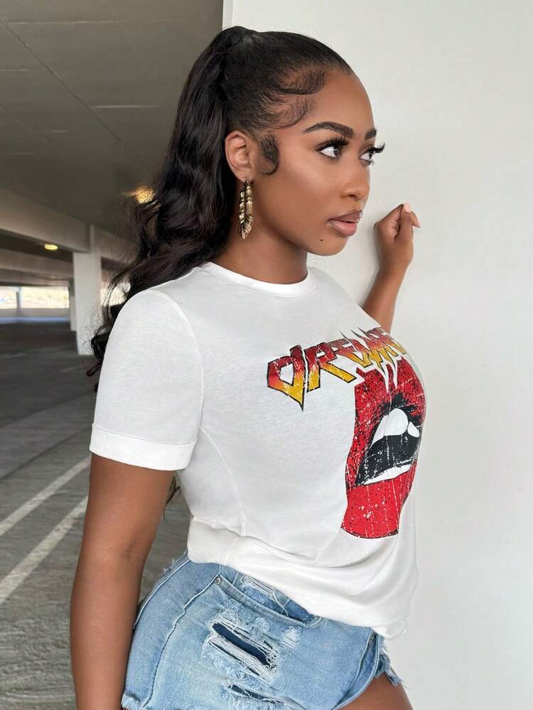 Women Summer Lip & Letter Print Round Neck Short Sleeve Casual T-Shirt