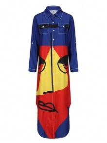 女士休闲长袖图案印花衬衫领长裙 - 藍色 - 查看 3