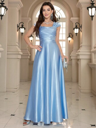Elegant Solid Square Neck Maxi Gown Formal Evening Prom Wedding Guest Dress, For Graduation, Dinner Party Dress
