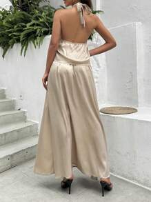 SHEIN Essnce 2024 Spring/Summer New Arrival Women Khaki Metal Material Halter Top And A-Line Skirt Set - Khaki - View 2