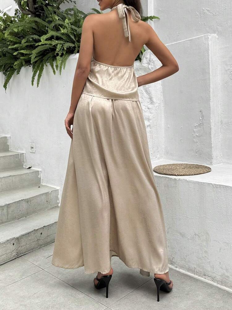 2024 Spring/Summer New Arrival Women Khaki Metal Material Halter Top And A-Line Skirt Set