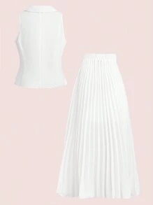 SHEIN Clasi 夏季優雅白色有領背心+褶皺裙套裝，舒適休閒 - 白色 - 查看 2