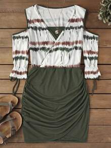 INAWLY Women Fashionable Colorful Printed Off Shoulder V-Neck Dress