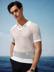 AKNOTIC Business Casual Men's Crochet Knit Summer V-Neck Polo Shirt In White