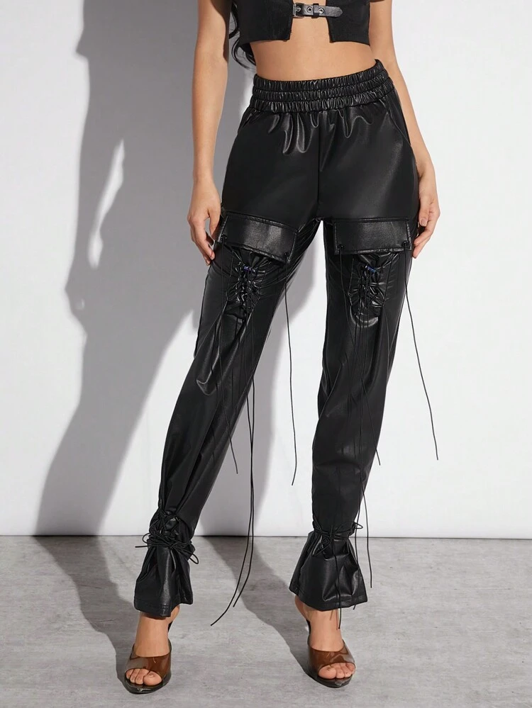 Lace Up Elastic Waist Y2k PU Leather Pants