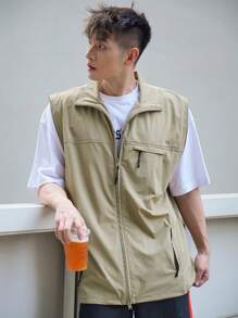 DAZY Men Summer Zipper Fly Loose Fit Casual Vest,Fall Clothes Jacket - Khaki - View 4