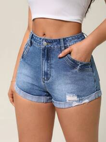 SHEIN Essnce 女性磨損牛仔短褲，翻邊和口袋裝飾，適合休閒穿著 - 中等水洗藍 - 查看 5