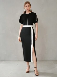 MOTF PREMIUM Blusa de manga murciélago con ribete de contraste - Negro - Ver 8