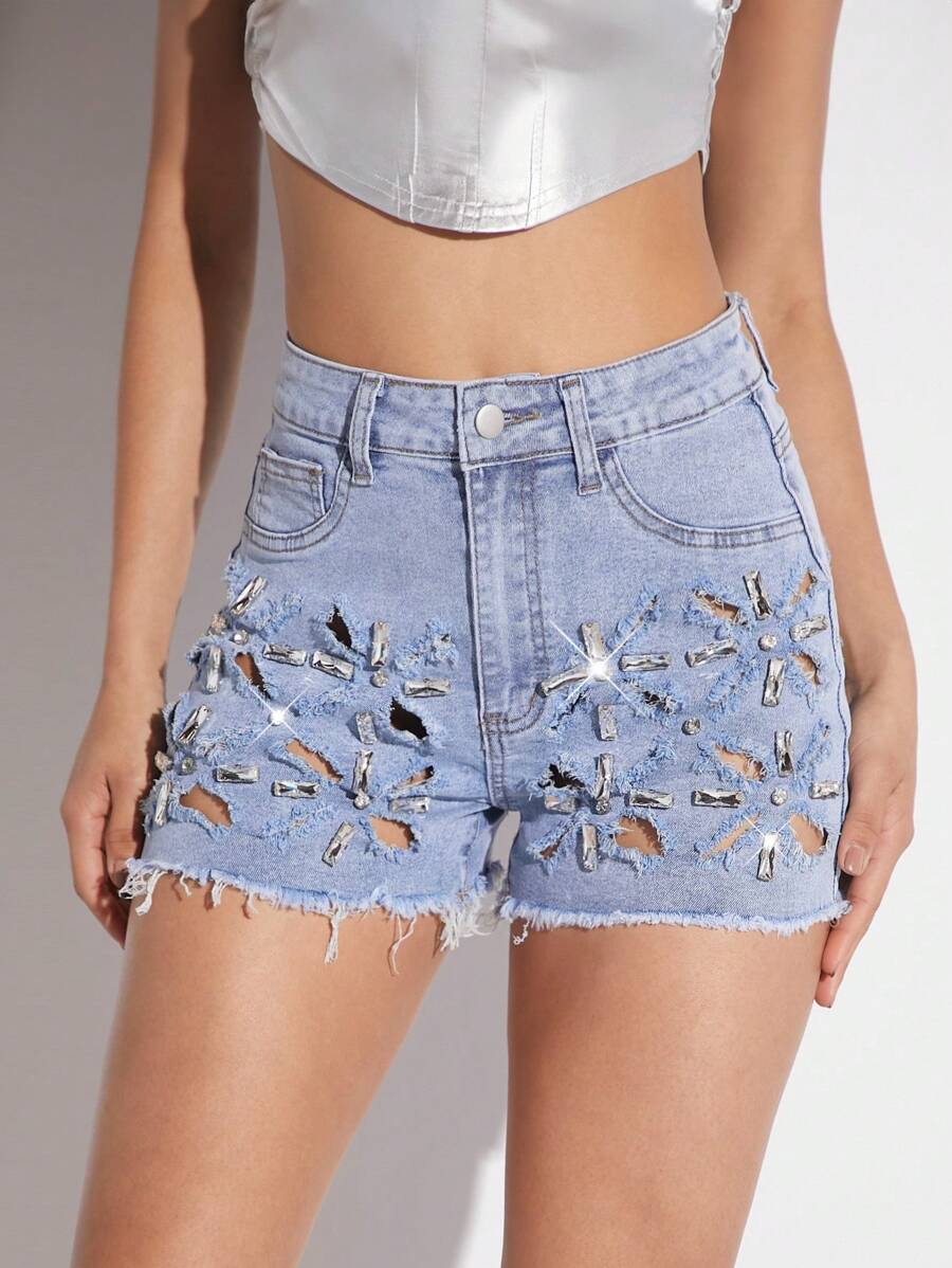 Denimoi Quần short denim nữ có đính đá và viền sờn - Rửa nhẹ - Xem 1