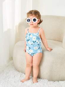 嬰兒女童泳衣，花卉印花荷葉邊連體泳衣 - 彩色 - 查看 4