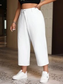 SHEIN EZwear Cộng với kích thước phụ nữ quần jean ống đứng đơn giản rắn - trắng - Xem 2