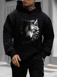 Manfinity BRENVOR هودي كاجوال بأكمام طويلة مطبوع عليه ذئب للرجال، مناسب للخريف والشتاء