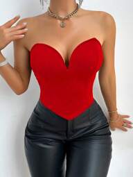 VaVaBold Top de camiseta de mujer ajustado de color liso con cuello en V, top casual asimétrico de mujer con ojales, top liso rojo de mujer ajustado con corpiño anudado, atuendos para fiestas y salidas nocturnas para Año Nuevo