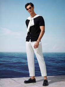 AKNOTIC Business Casual Suéter tipo cárdigan de manga corta para hombre de negocios - Negro - Ver 4