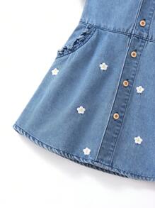 Baby Girls' Medium Blue Vintage Collared Denim Dress With Exquisite 3D Floral Embroidery - Medium Wash - View 4