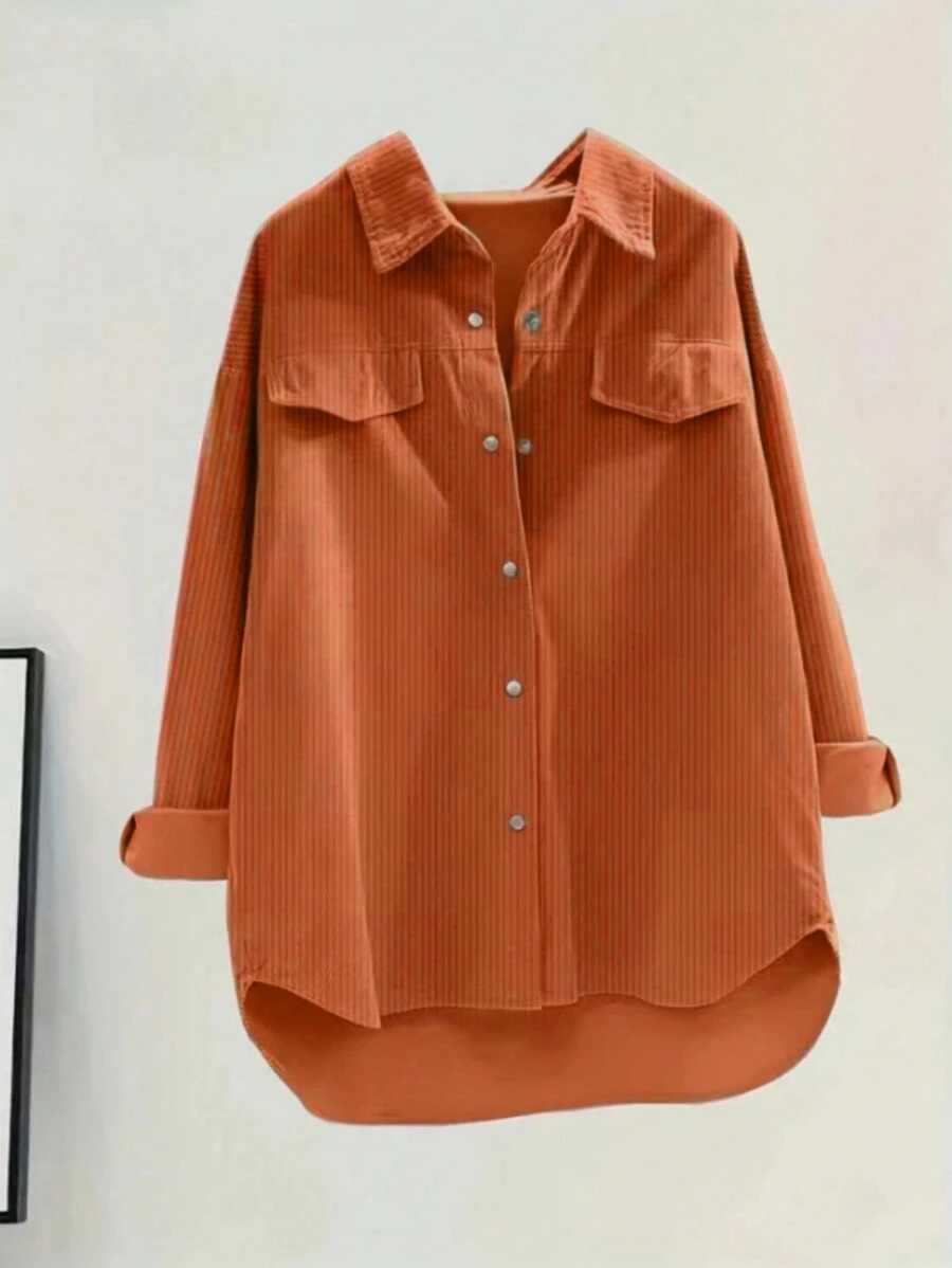 Blusa Casual Feminina de Manga Longa com Bainha Assimétrica em Cor Sólida, Blusas de Manga Longa para Primavera - Laranja - Visão 1