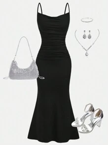 SHEIN Girlism Teen Girl Off-Shoulder Ruched Waist Mermaid Hem Black Casual Dress Simple & Luxurious - Black - View 1