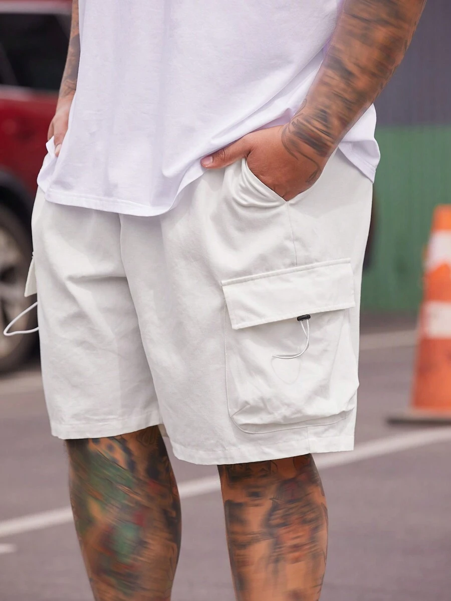 Manfinity VCAY 男士加大碼純色實用束口口袋編織短褲，寬鬆直筒純白色條紋帶休閒短褲 - 白色 - 查看 1