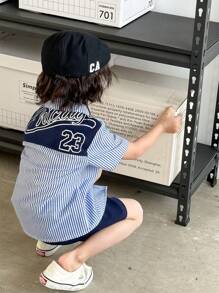 SHEIN Young Boy Striped English Letter Print Cool Two-Piece Set