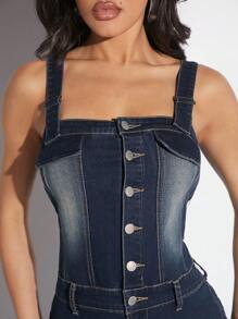 Denimoi Button Front Flap Pocket Cargo Denim Jumpsuit For Summer - Blue - View 5