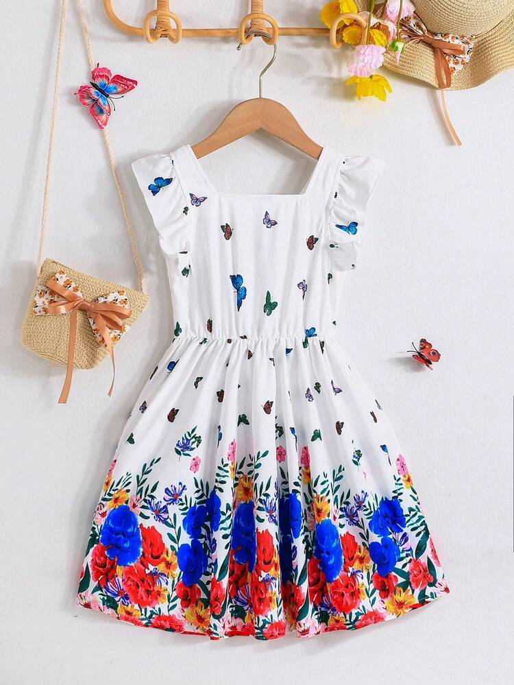 Young Girls' Holiday Style Floral Print Flouncing Dress,Warm And Cozy For Summer Vacation