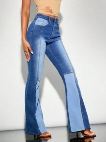 SHEIN BAE Women's Stretch High Waist Patchwork Denim Flared Pants&Summer Clothes&Festival Outfits - Blue - View 7