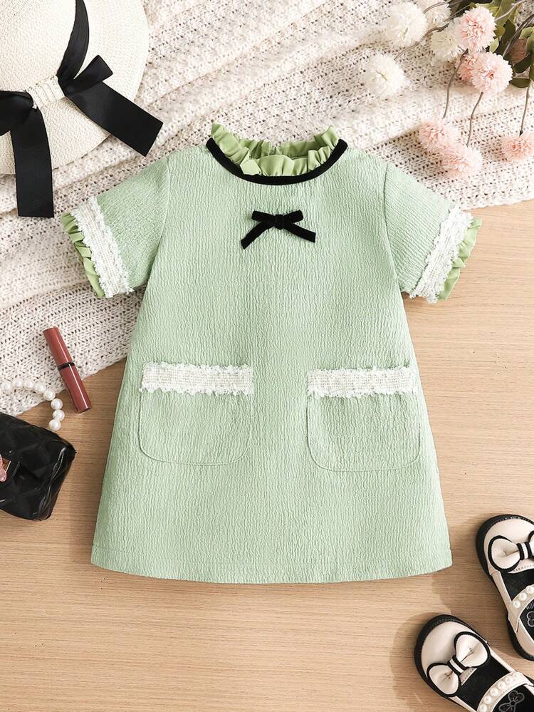 Baby Girl Elegant Contrast Lace Bow Decor Short Sleeve Dress