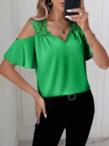 SHEIN Clasi Elegant Solid Color Lace Splice Open Shoulder Shirt For Summer - Green - View 4