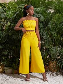 SHEIN Mono amarillo sin tirantes y con pierna ancha para adolescente con diseño drapeado para atuendos de vacaciones o de ocio - Amarillo - Ver 3