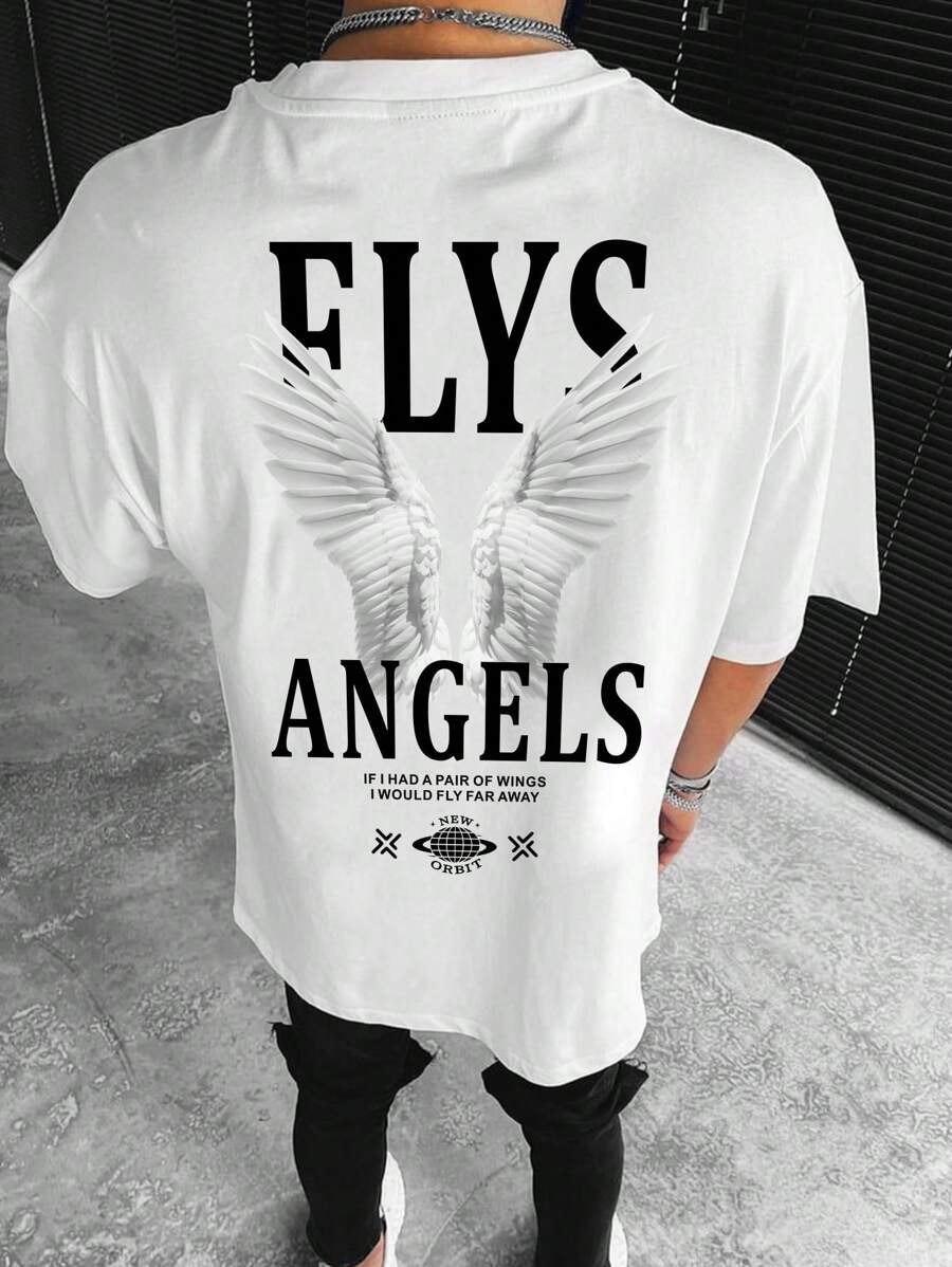 Camiseta de manga corta de cuello redondo informal de talla grande para hombre con estampado de lema y alas de verano