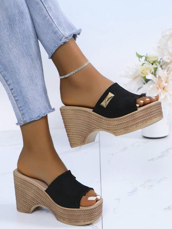 Fashion Platform Wedge Sandals For Women, Summer New Rhinestone Decor Increased Height Shoes, Casual Slip-On Slippers, One-Strap Waterproof Wedge Sandals, Suitable For Beach, Outdoor, Commute, Party