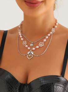 ROMWE Kawaii 1pc Lady Pink Faux Pearl Heart Multilayer Necklace Valentines,Mom,Mother,Mother's Day,Gift - Pink - View 5