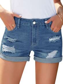 Washed & Distressed Casual Denim Shorts, Suitable For Spring/Summer - Blue - View 1