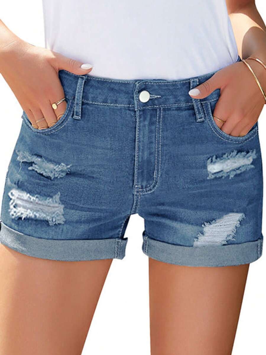 Washed & Distressed Casual Denim Shorts, Suitable For Spring/Summer - Blue - View 1