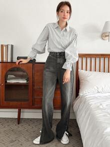 DAZY 女士条纹印花休闲单排扣衬衫，适合日常穿着，荷叶边长袖上衣 - 淺灰色 - 查看 2