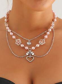 ROMWE Kawaii 1pc Lady Pink Faux Pearl Heart Multilayer Necklace Valentines,Mom,Mother,Mother's Day,Gift - Pink - View 2